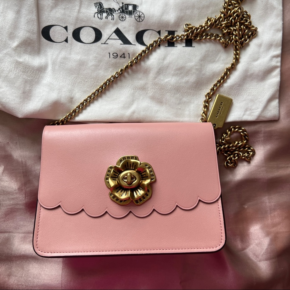 Coach mini bower crossbody bag with tea rose turnlock closure